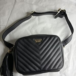 Victoria's Secret Black Quilted Crossbody Camera Bag with Tassel Charm